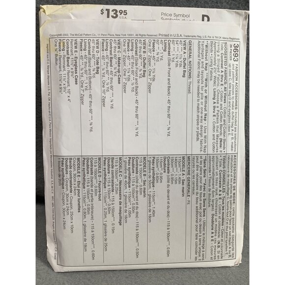 McCalls Fashion Accessories Pattern 3693 Tote Bag Wine Tote Sewing Pattern uncut - Picture 2 of 2